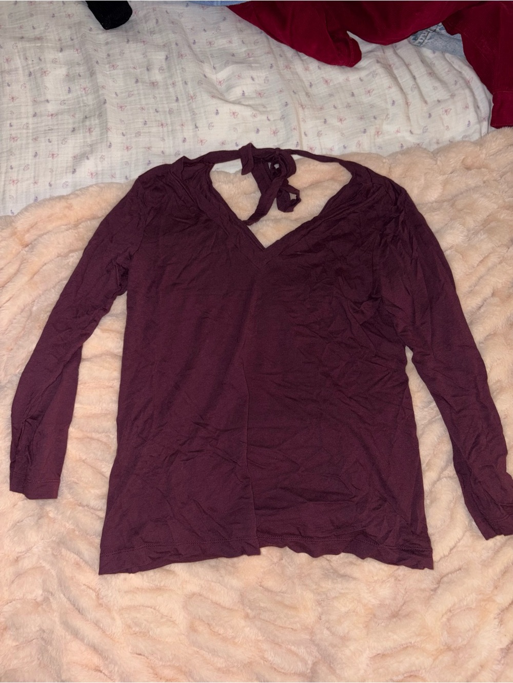 LOFT Long-Sleeve V-Neck Tie-Back Top in Burgundy